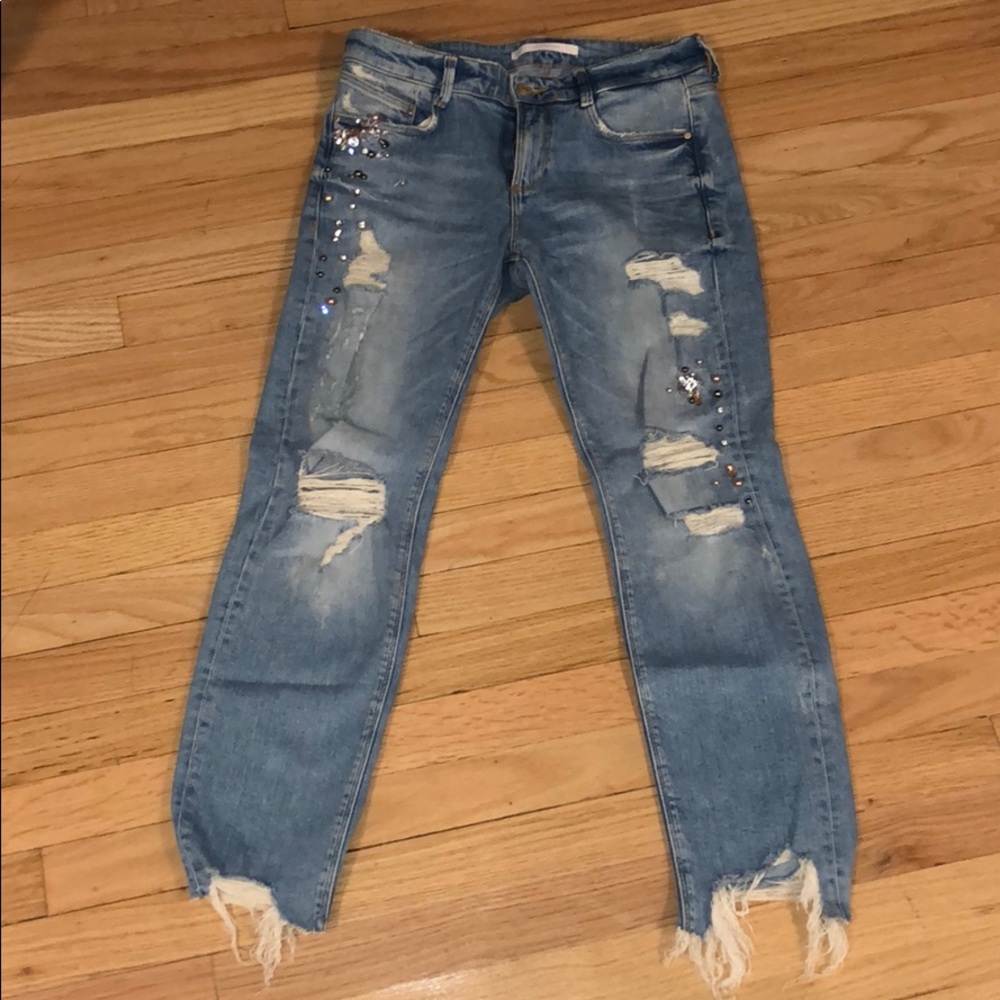 Zara ripped embellished jeans